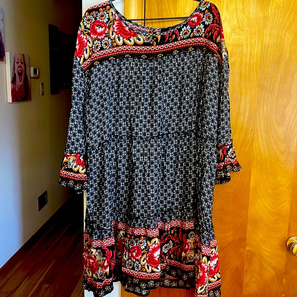 Floral/Tribal Print Dress with Ruffle Detail